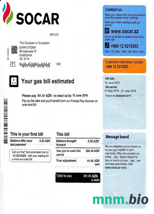 Azerbejdżan Socar Gaz rachunek za media szablon w formacie Word i PDF